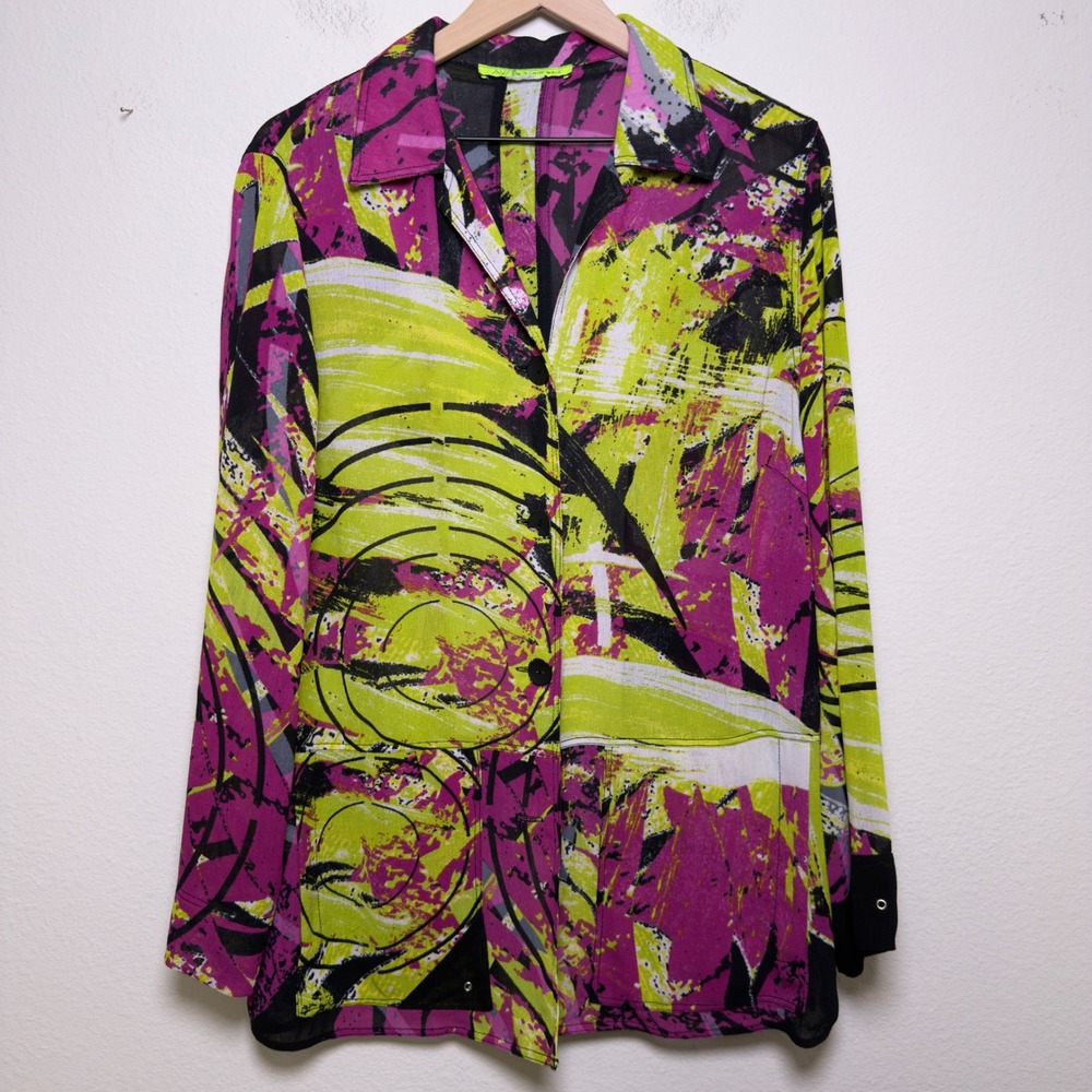 Alain Weiz Women Linen Button Front Shirt‎ 2X Multi Color Abstract Avant Garde